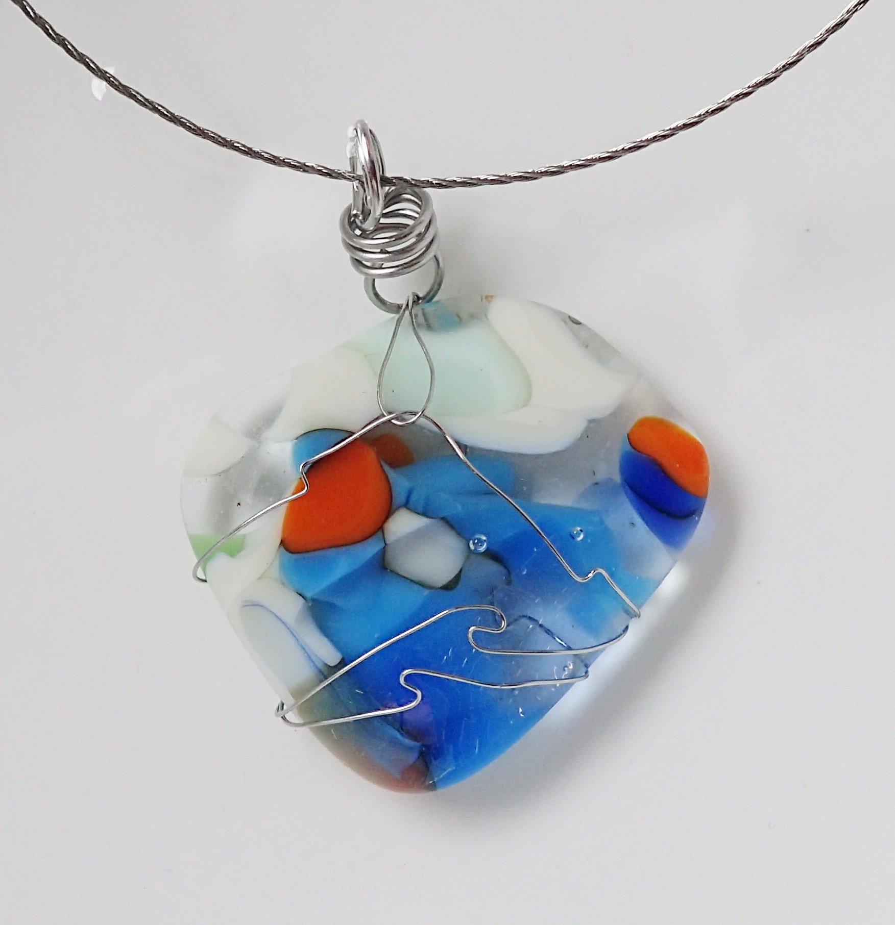 Fused Glass “Happy Stone” Pendants with a Stainless Steel Wire Finish